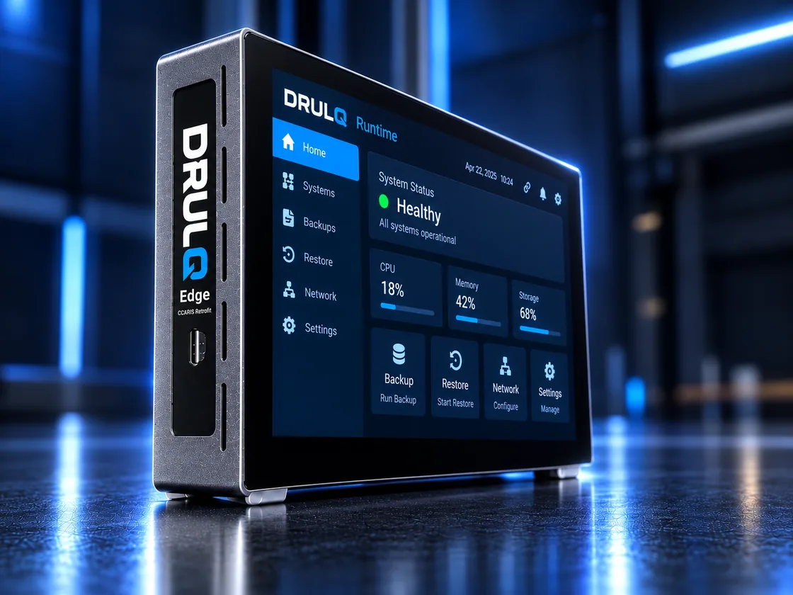 DRULQ Edge product visualization showing its enclosure, branding, and Runtime interface.