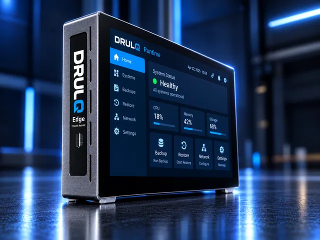 DRULQ Edge front product render with Runtime screen.