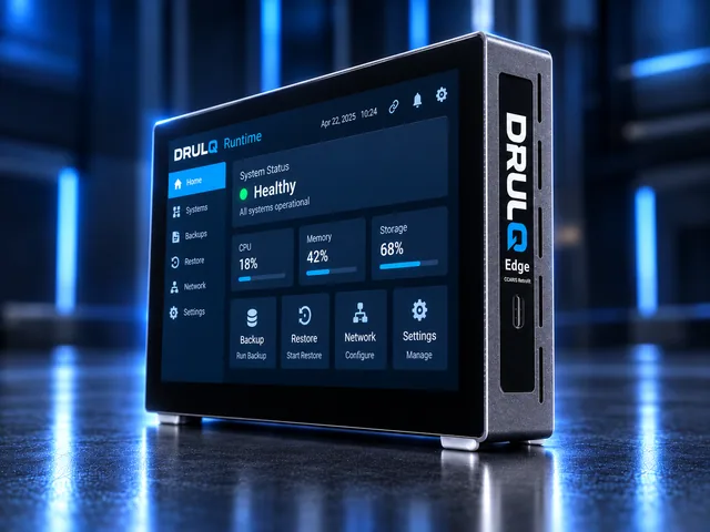 DRULQ Edge product render showing the branded enclosure from the left.