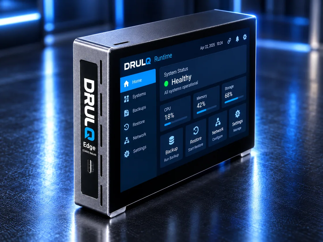DRULQ Edge product render showing the enclosure and Runtime interface.